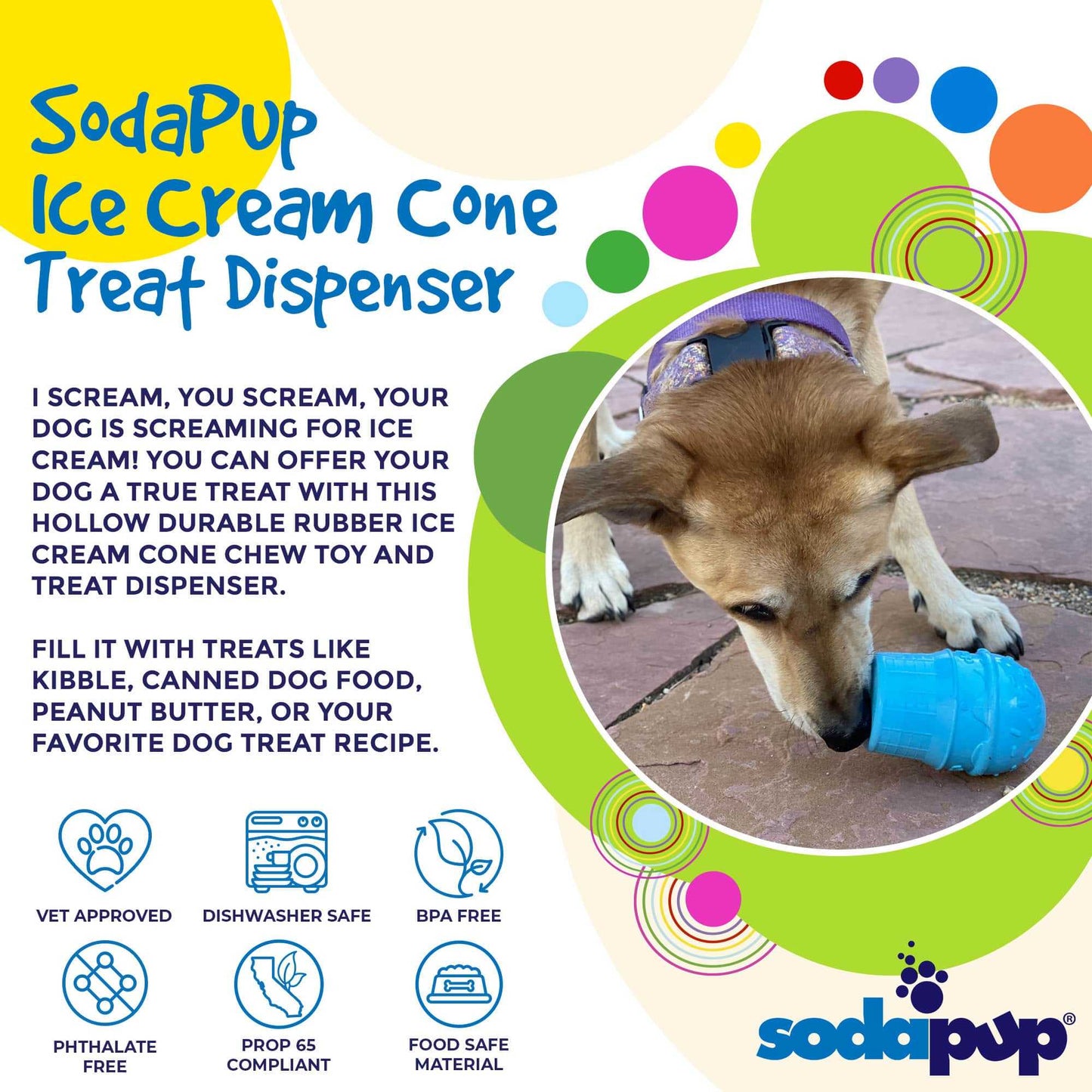 Dog playing with SodaPup Ice Cream Cone durable rubber chew toy and treat dispenser