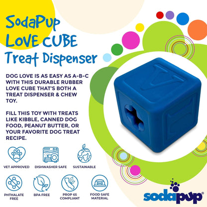 Blue Love Cube eDispenser durable rubber dog chew toy and treat dispenser with raised letters and numbers, USA made, dishwasher safe.