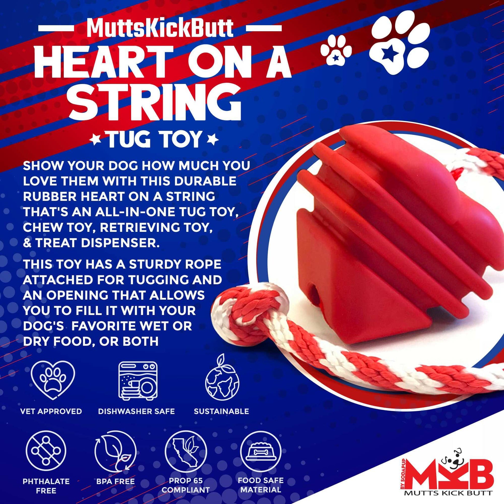 Large Rubber Heart on a String Toy - Durable Dog Chew & Fetch Ball