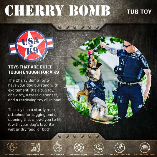 USA-K9 Cherry Bomb durable rubber chew toy for dogs, red treat dispenser and tug toy