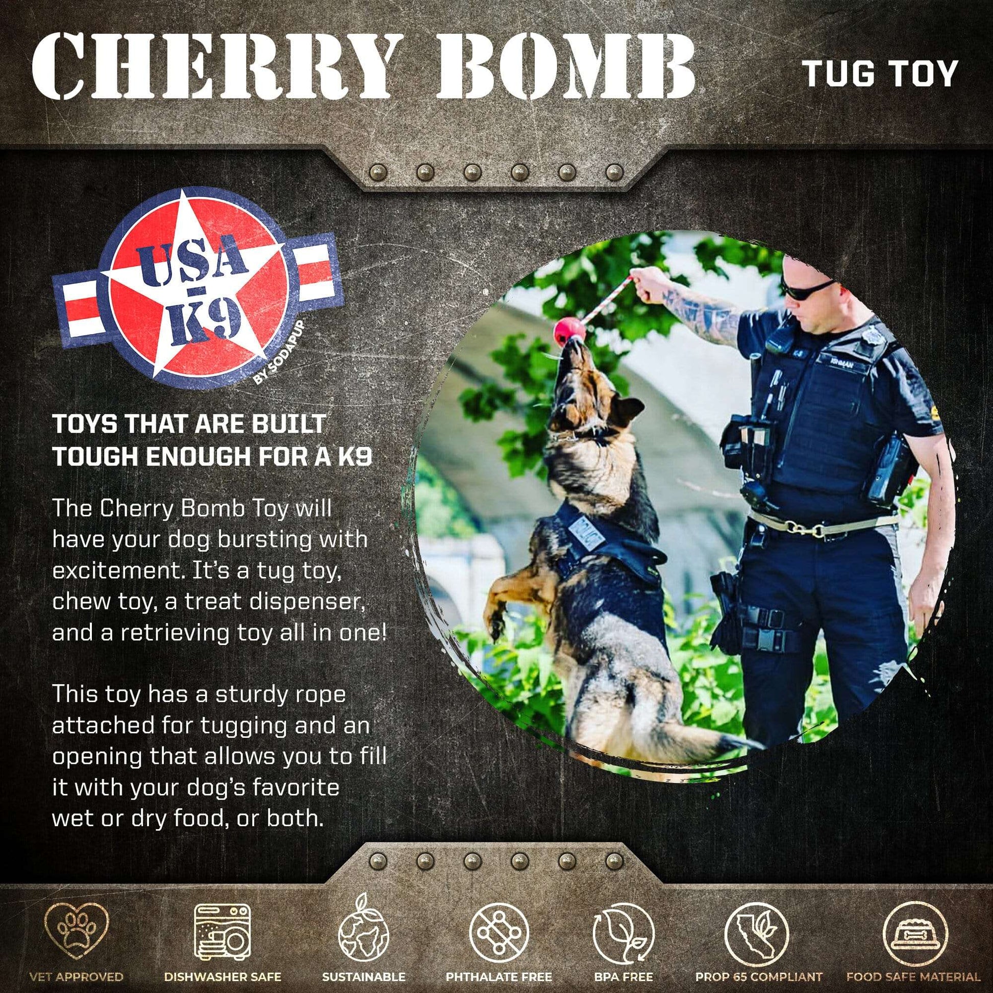 USA-K9 Cherry Bomb durable rubber chew toy for dogs, red treat dispenser and tug toy