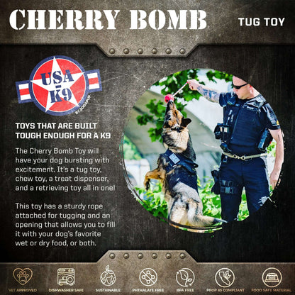USA-K9 Cherry Bomb durable rubber chew toy for dogs, red treat dispenser and tug toy