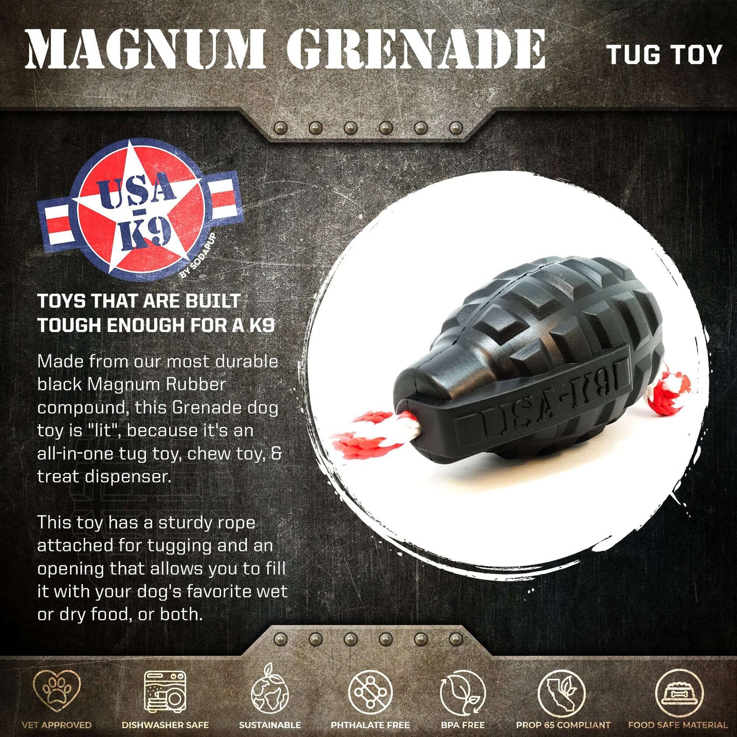 USA-K9 Magnum Grenade: Durable Rubber Chew and Treat Dispenser Toy!