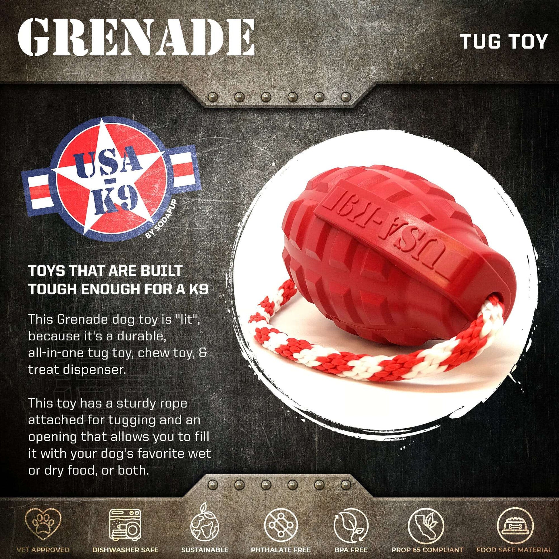 USA-K9 Grenade Durable Rubber Chew Toy, Treat Dispenser & Tug Function