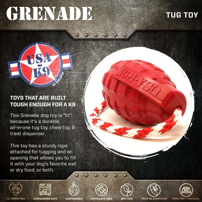 USA-K9 Grenade Durable Rubber Chew Toy, Treat Dispenser & Tug Function