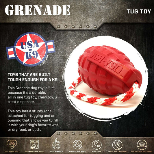 USA-K9 Grenade Durable Rubber Chew Toy, Treat Dispenser & Tug Function