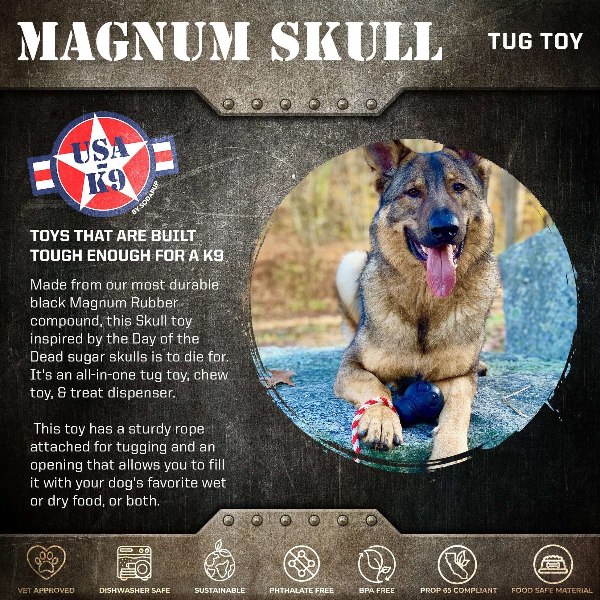 Black USA-K9 Magnum Skull durable rubber chew toy with rope for dogs, treat dispenser and tug toy