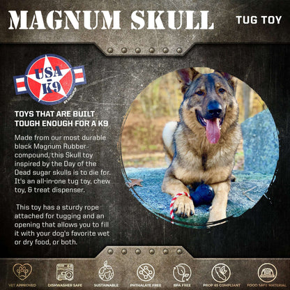 Black USA-K9 Magnum Skull durable rubber chew toy with rope for dogs, treat dispenser and tug toy