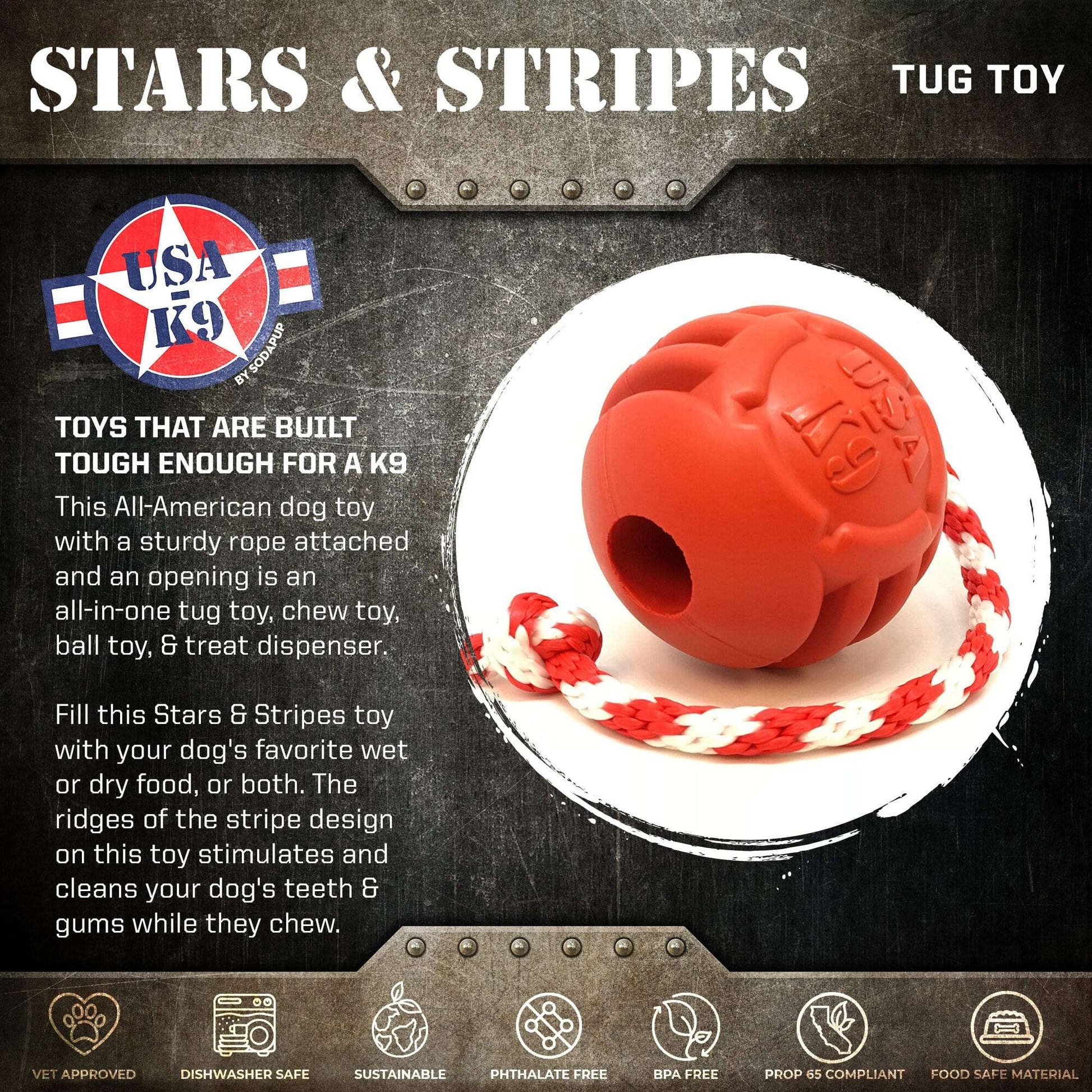 USA-K9 Stars and Stripes red durable rubber chew ball for power-chewer dogs
