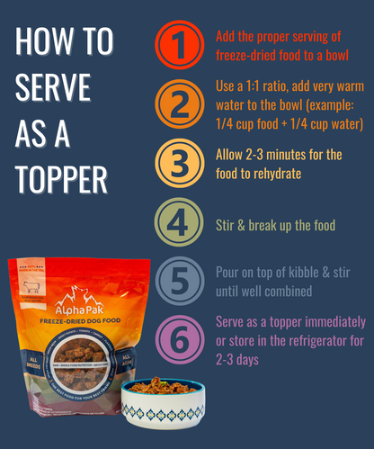 Premium raw freeze dried dog food beef with natural ingredients and instructions for serving as a topper