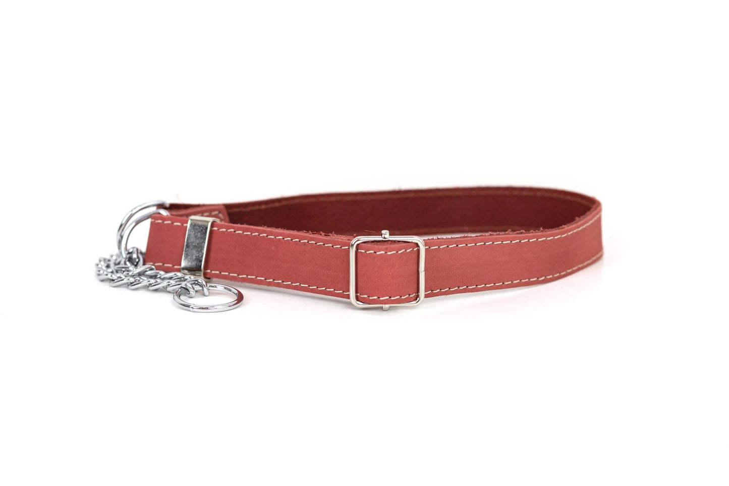 Martingale coral reef leather dog collar with European steel chain and white stitching