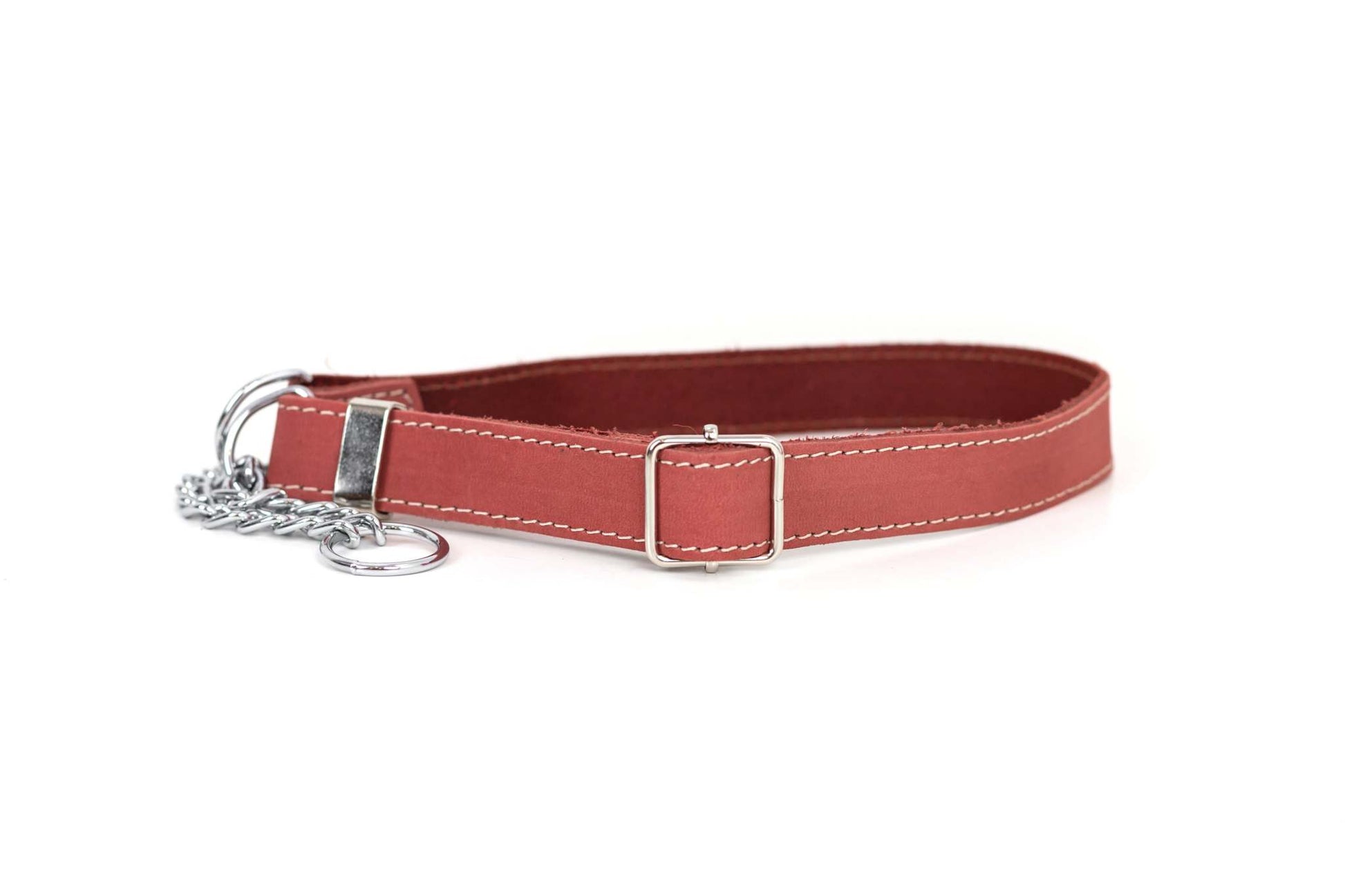 Martingale coral reef leather dog collar with European steel chain and white stitching
