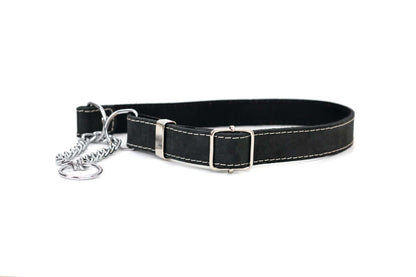 Martingale Midnight Black Leather dog collar with full-grain leather and European steel chain.