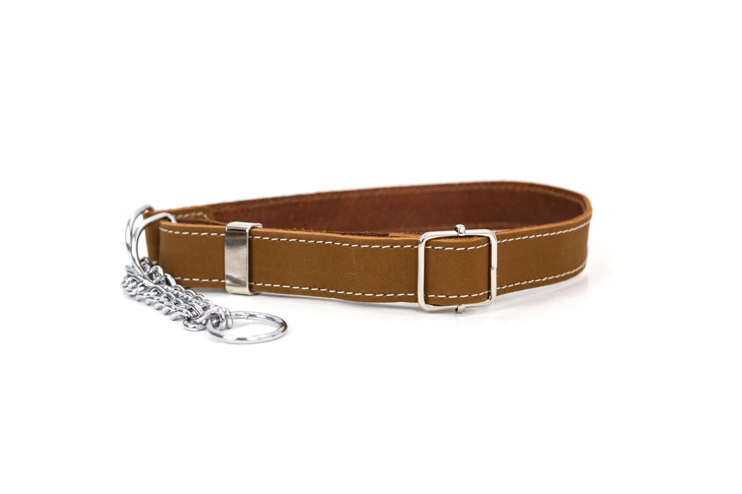Martingale earth brown leather dog collar with silver chain and buckle detail