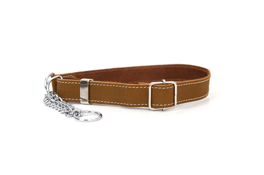 Martingale earth brown leather dog collar with silver chain and buckle detail