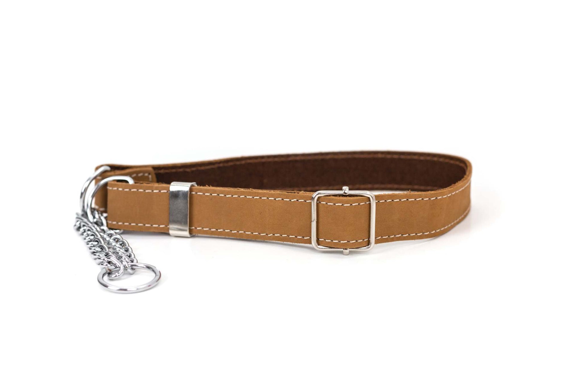 Martingale khaki leather dog collar with European steel chain and white stitching on full-grain leather