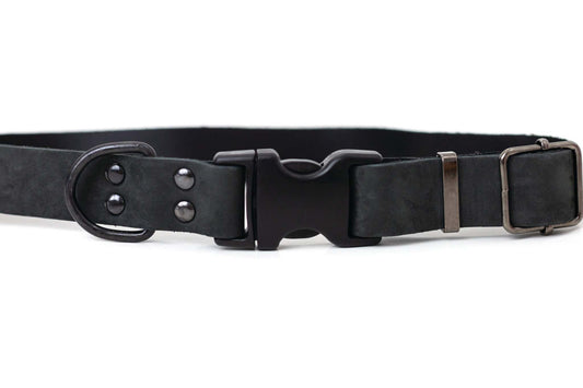 Sport Style Midnight Black Leather Dog Collar | Durable & Comfortable