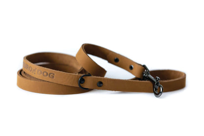 Sport style khaki leather dog leash with black hardware and Euro-Dog branding