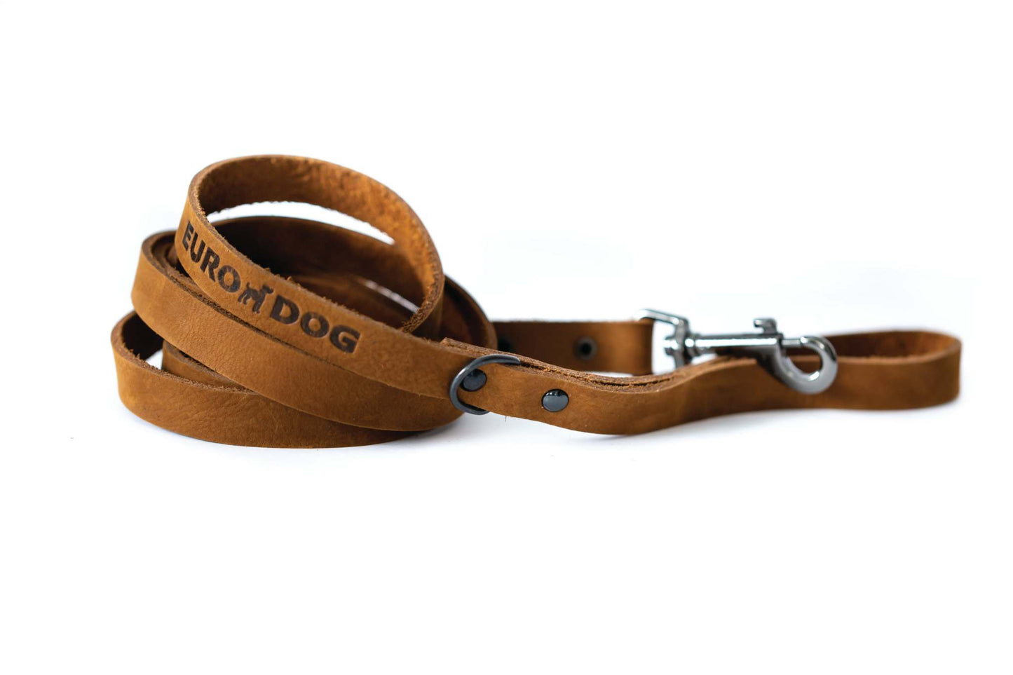 Sport style earth brown leather dog leash with black hardware and Euro-Dog branding
