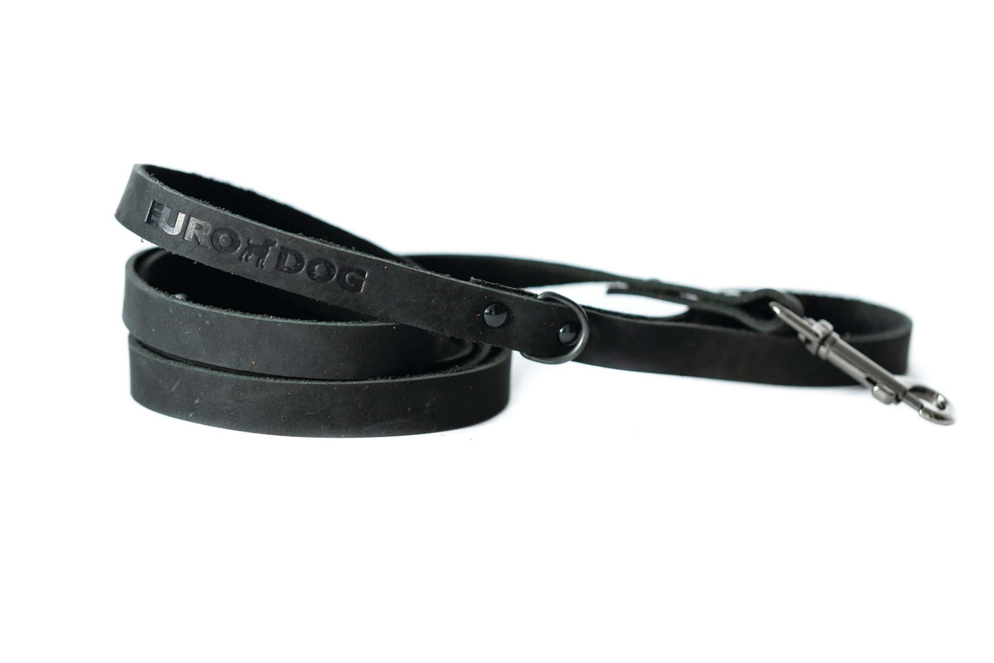 Sport Style Midnight Black Leather Leash with European steel hardware and Euro-Dog branding