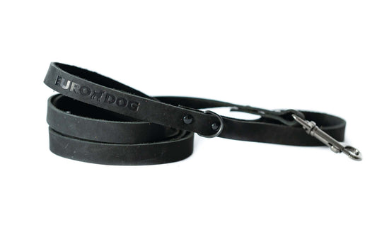 Sport Style Midnight Black Leather Leash with European steel hardware and Euro-Dog branding