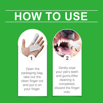 Dog and cat tooth wipes shown on finger and used to clean pet's teeth and gums for fresh breath and tartar removal