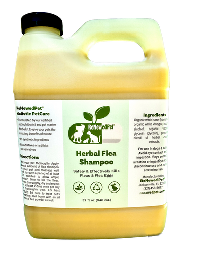 32 oz ReNewedPet Herbal Flea Shampoo natural organic formula for cats and dogs flea and flea egg treatment