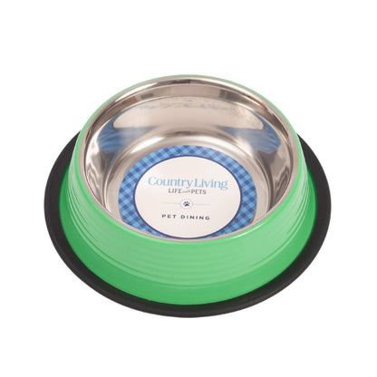 Country Living set of 2 ribbed non-slip pet bowls in Irish green with stainless steel interior and removable rubber base ring