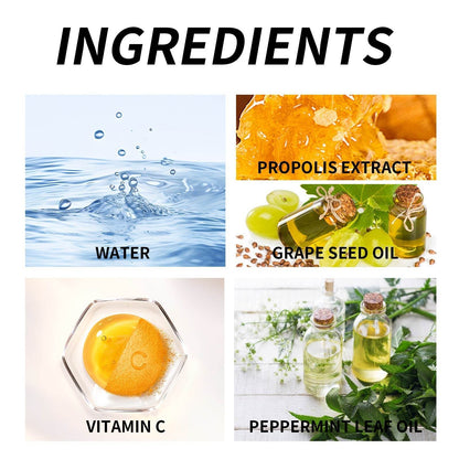 Pet Mint Fresh Breath Spray ingredients including water, propolis extract, grape seed oil, vitamin C, and peppermint leaf oil for dog oral care