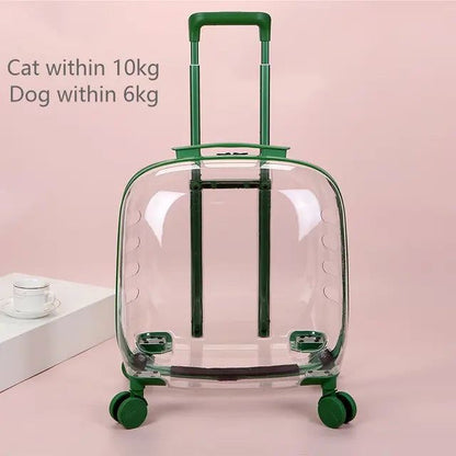 Transparent rolling pet travel trolley with wheels for puppies and cats in pink and green colors