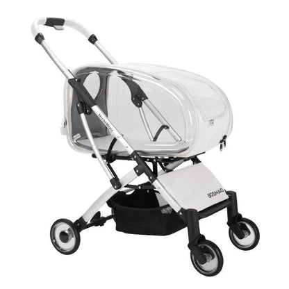 Lightweight foldable four-wheeled cart for small to medium pet dogs and cats in transparent white and pink colors