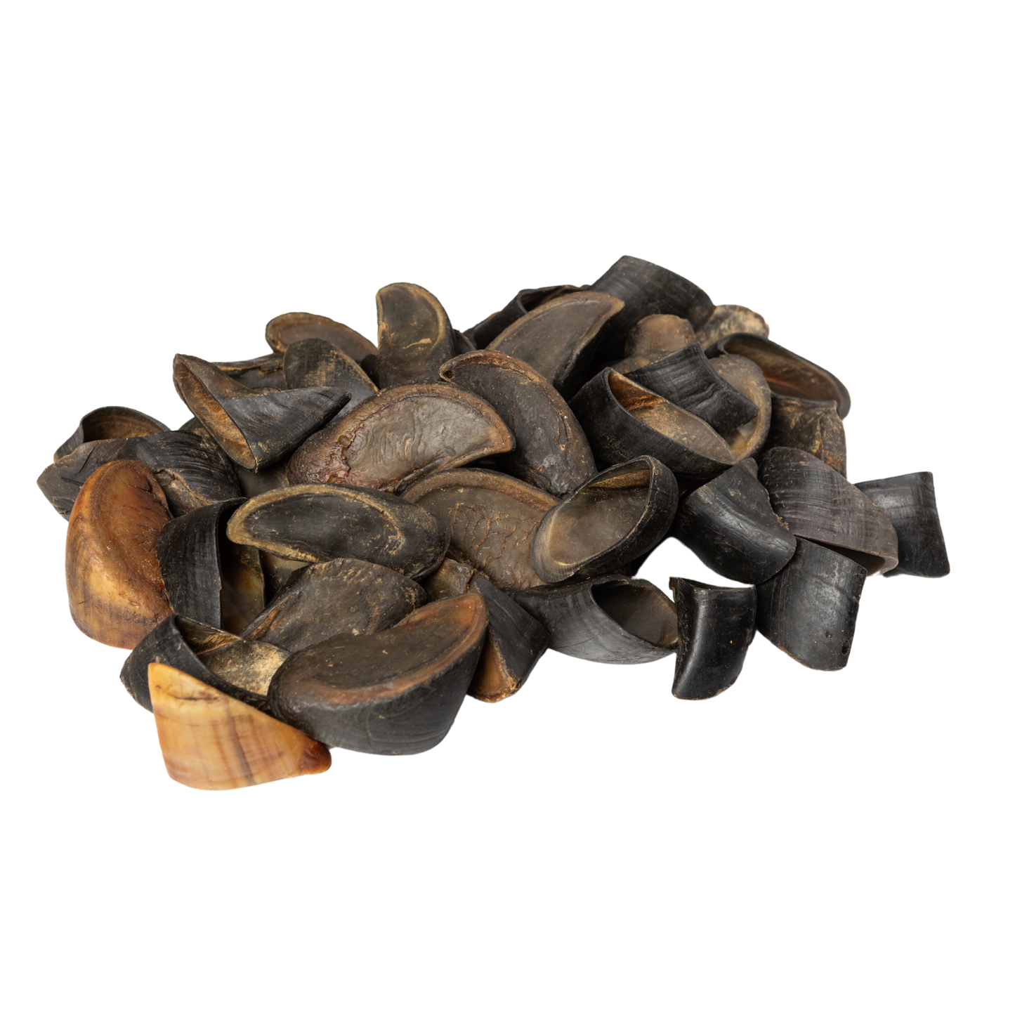 Pile of all-natural cow hooves dog chews for dental health and long-lasting chewing pleasure