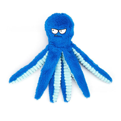 Blue octopus-shaped indestructible plush squeaky dog toy with bite-resistant texture