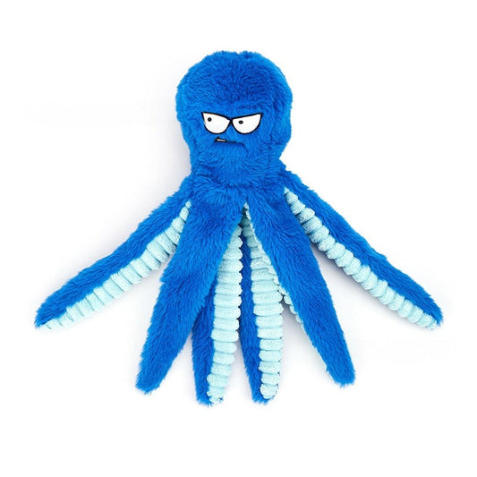 Blue octopus-shaped indestructible plush squeaky dog toy with bite-resistant texture