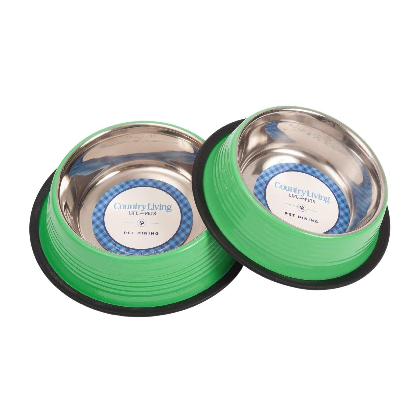 Set of 2 Irish green ribbed non-slip stainless steel pet bowls with removable rubber base
