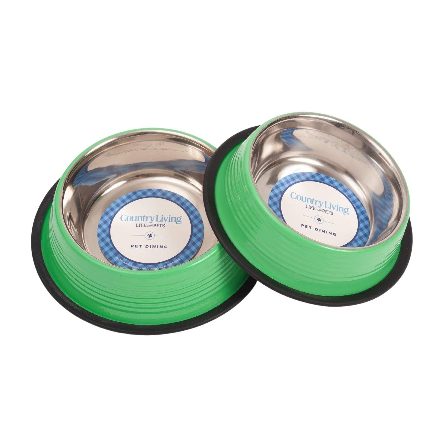 Set of 2 Irish green ribbed non-slip stainless steel pet bowls with removable rubber base
