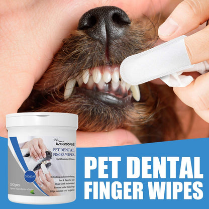 Pet Dental Finger Wipes cleaning dog's teeth and gums for fresh breath and tartar removal