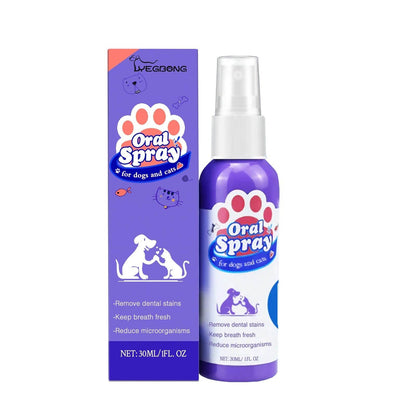 Tooth cleaning spray for dogs and cats with dental stain removal and fresh breath benefits