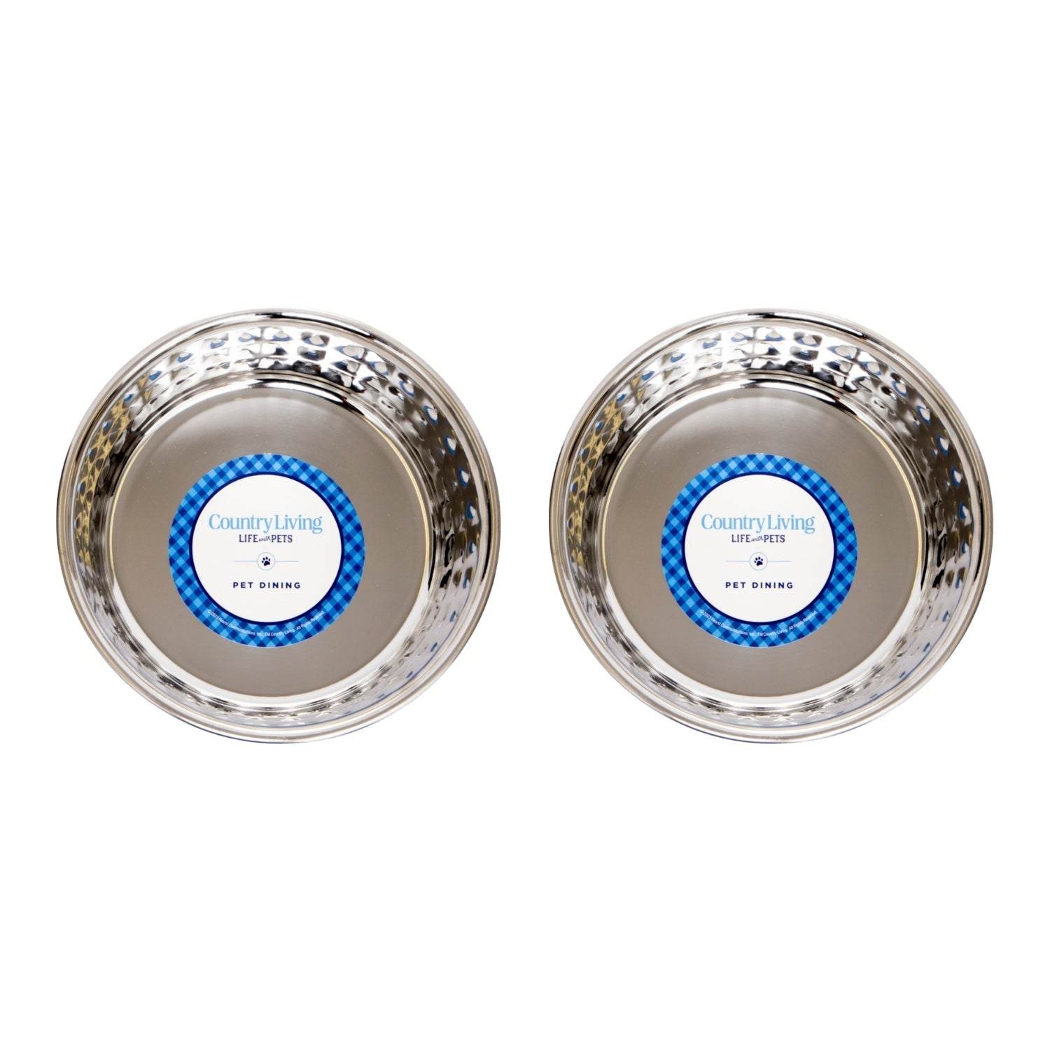 Country Living Set of 2 hammered stainless steel dog bowls in rose quartz, 64oz, ideal for extra large breeds