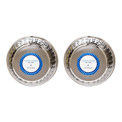 Country Living Set of 2 hammered stainless steel dog bowls in rose quartz, 64oz, ideal for extra large breeds