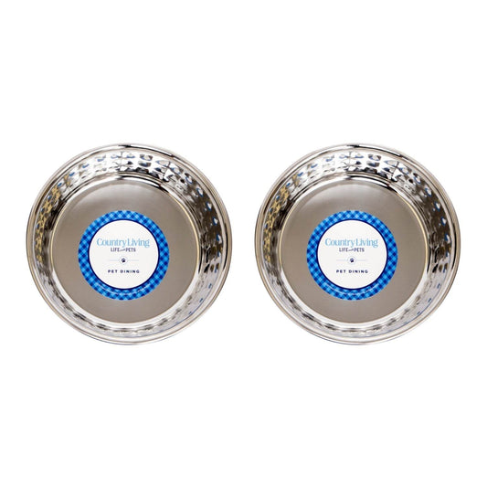 Country Living Set of 2 hammered stainless steel dog bowls in rose quartz, 64oz, ideal for extra large breeds