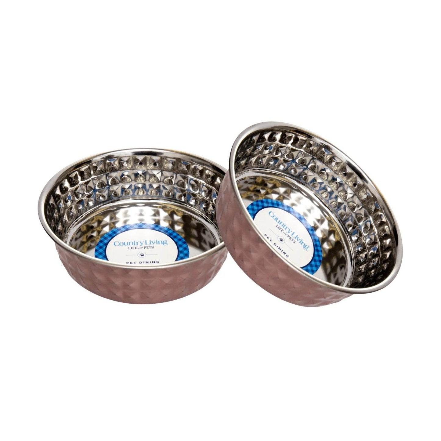 Country Living Set hammered stainless steel dog bowls in rose quartz, 64oz, for extra large breeds