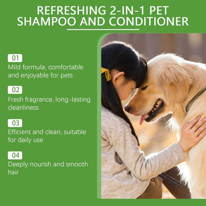 Pet Wash & Care 2-in-1 dog and cat body wash bottle with label and product ingredients description