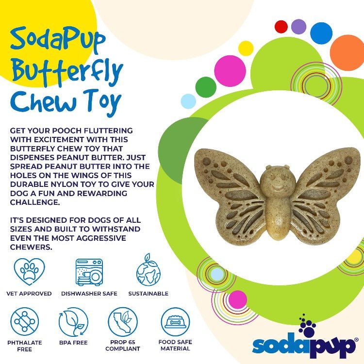 Butterfly Nylon Chew Toy for aggressive chewers with treat-dispensing wings, durable nylon, and enrichment features by SodaPup
