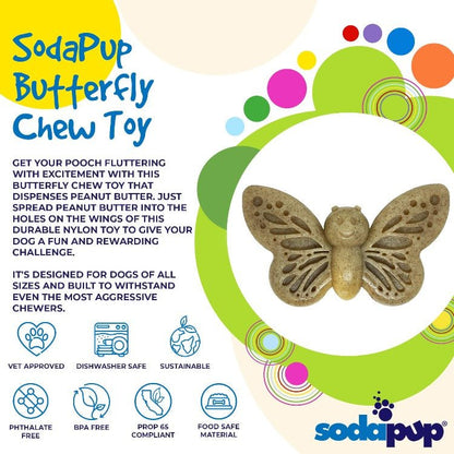 Butterfly Nylon Chew Toy for aggressive chewers with treat-dispensing wings, durable nylon, and enrichment features by SodaPup