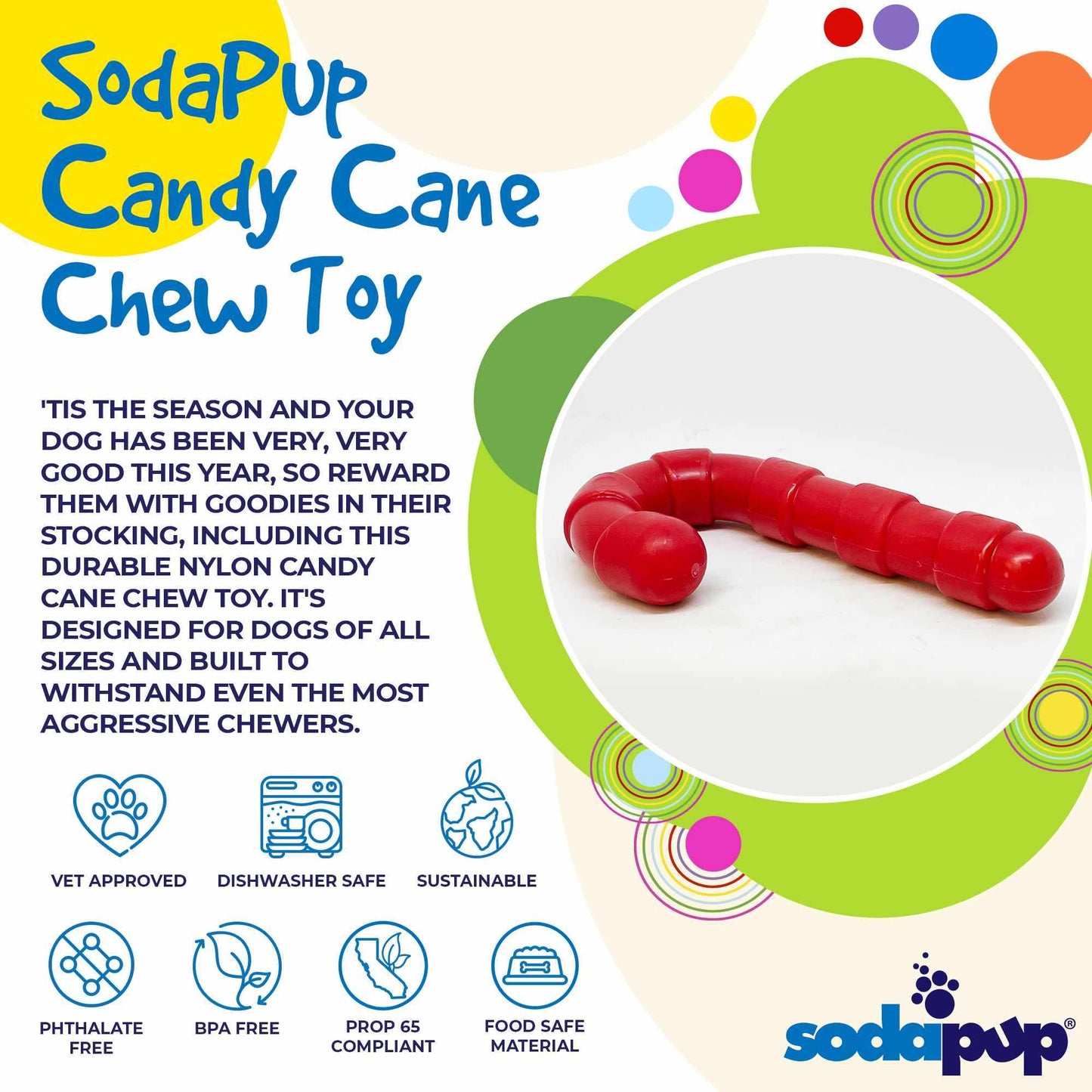Candy Cane Nylon Dog Toy - Durable Chew for Aggressive Dogs | USA Made