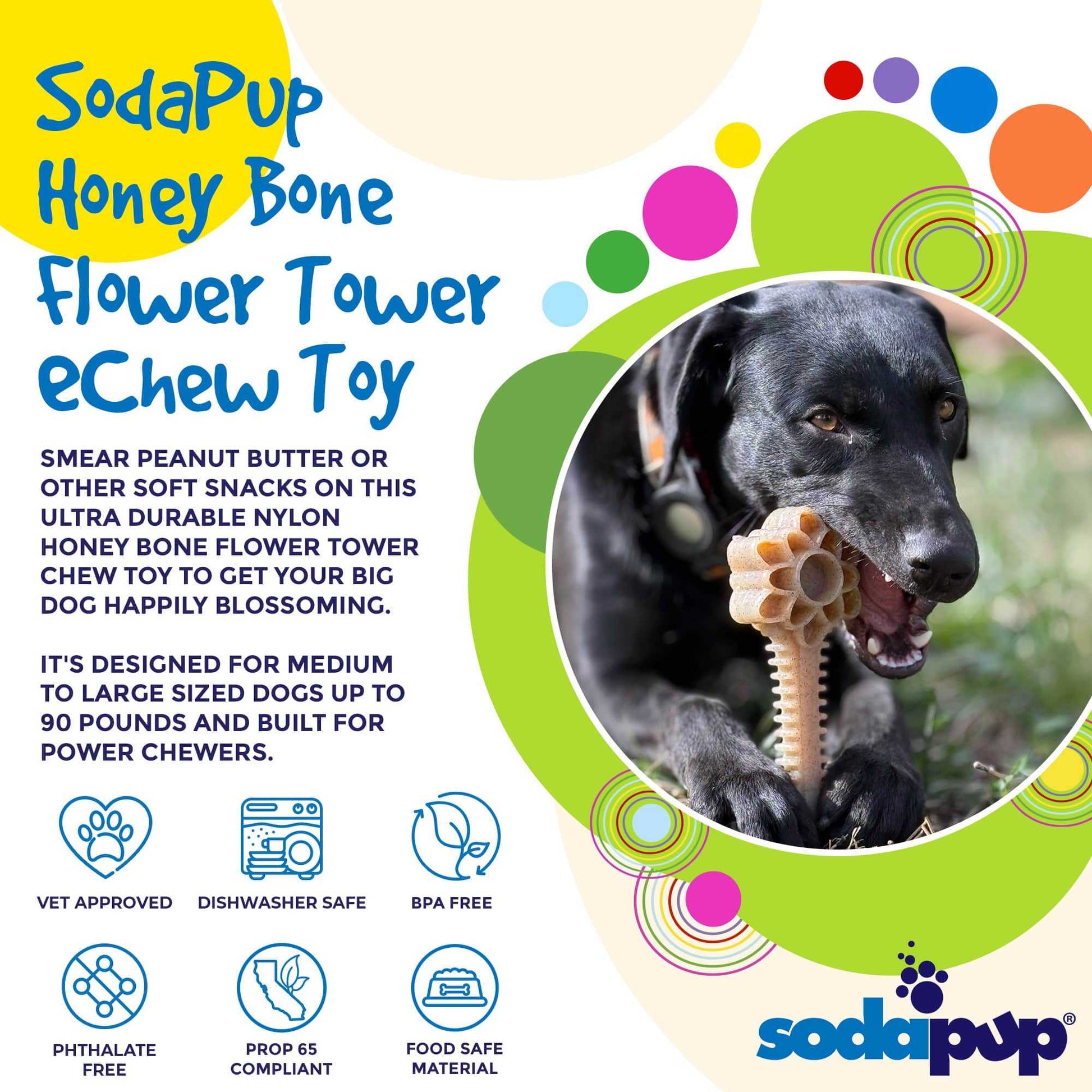 Black dog chewing SodaPup Honey Bone Dental Flower Tower indestructible nylon chew toy for power chewers