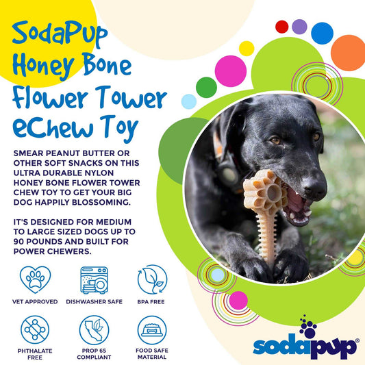 Black dog chewing SodaPup Honey Bone Dental Flower Tower indestructible nylon chew toy for power chewers