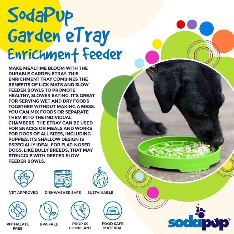 Garden Design eTray slow feeder dog bowl with garden pattern, shallow tray for flat-nosed breeds, made in USA.
