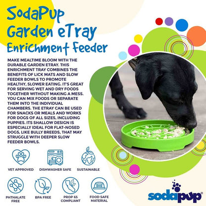 Garden Design eTray slow feeder dog bowl with garden pattern, shallow tray for flat-nosed breeds, made in USA.